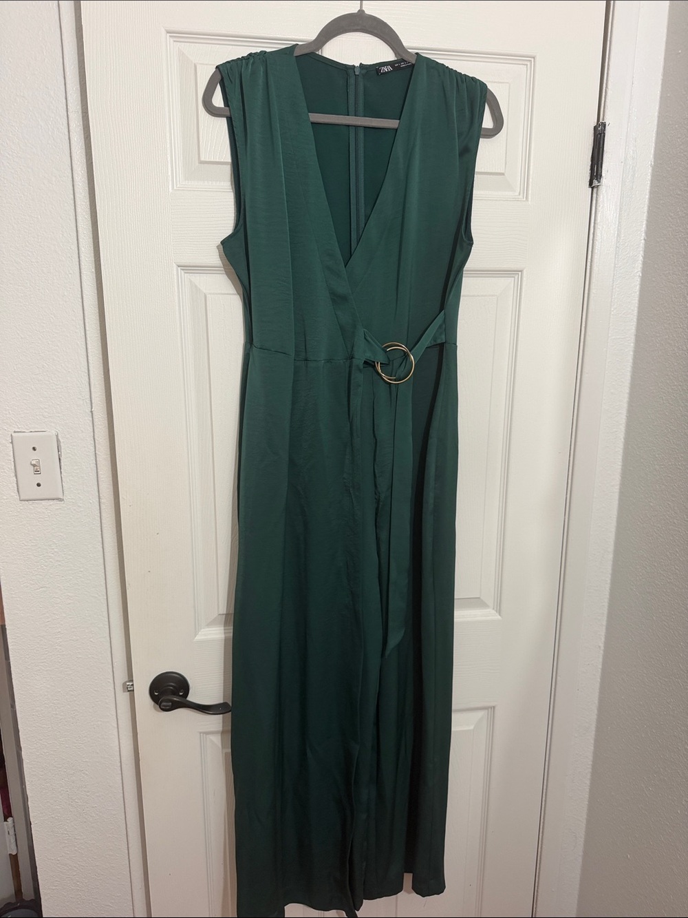 Zara Deep Green Sleeveless Wrap-Front Jumpsuit with Belt